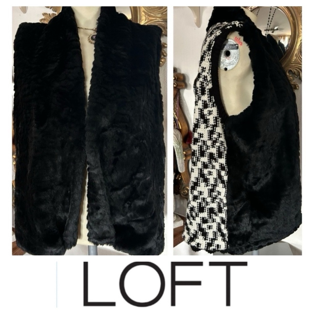 LOFT Open Front Faux Fur Black Vest with Houndstooth Sweater Back